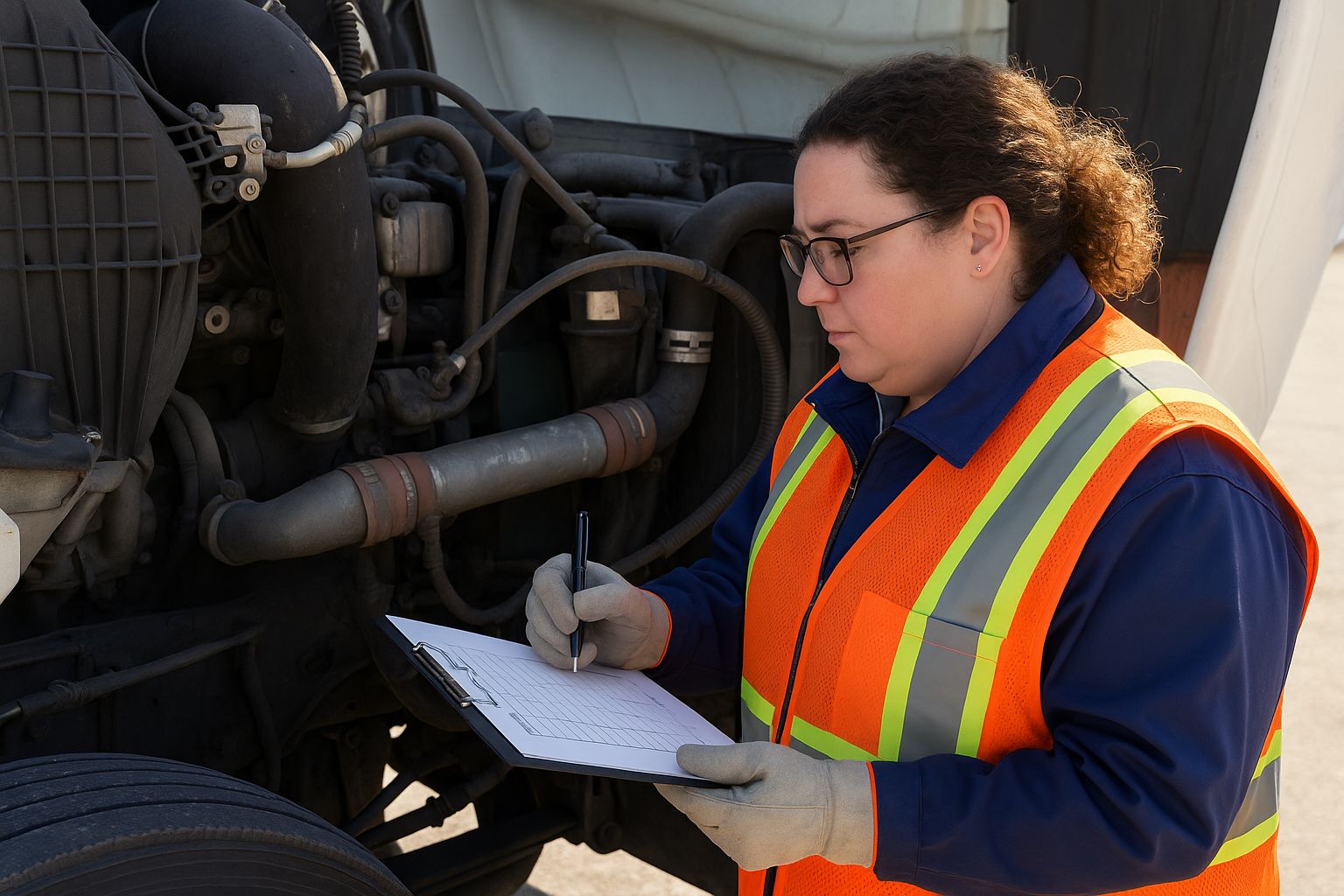 En person granskar en checklista för lastbilsinspektion med en penna.
